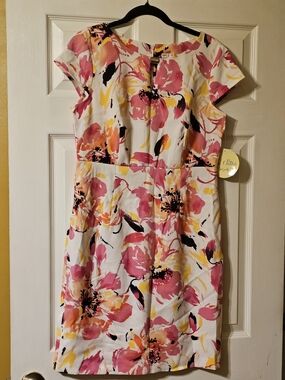 Emma & Michele White Floral Midi Dress with Pink & Yellow Blooms